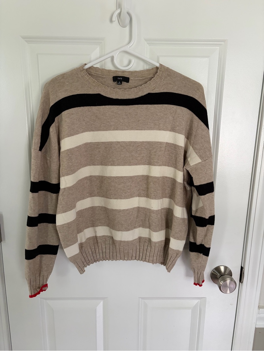 Fate Women's Striped Crewneck Sweater in Beige, Cream & Black